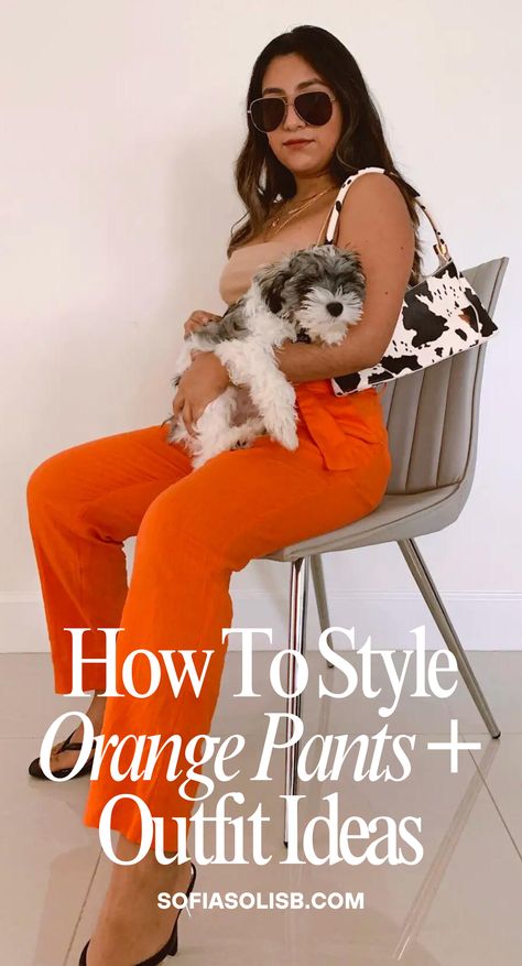 I've adding so much color to my wardrobe lately and my favorite addition is these orange pants! To be honest, I used to avoid wearing bright orange tones, because I thought it was a color I simply couldn't pull off. But now I own at least 6 orange pieces. While these tips are specific to orange clothes, they work for any bright color. You can use these tips maybe a yellow skirt you don't know how to style, or maybe a green blazer, literally any bright piece. Pumpkin Color Pants Outfit, Orange Trousers Outfit Color Combos, What To Wear With Burnt Orange Pants, Outfits With Burnt Orange Pants, Styling Orange Pants, Orange Pants Outfit Winter, Orange Palazzo Pants Outfit, Outfit With Orange Pants, What To Wear With Orange Pants