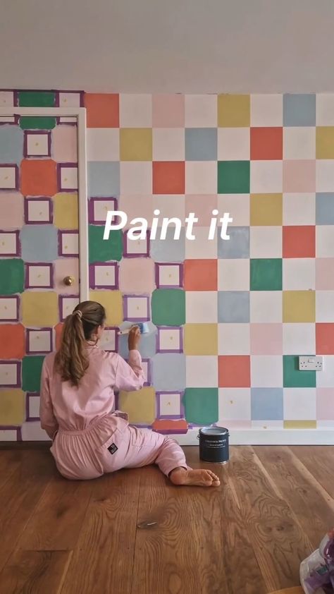 Fun Room Colors, Playroom Wall Mural Ideas, Painted Playroom Walls, Checkered Mural, Fun Paint Ideas For Walls, Painted Checkered Wall, Fun Ways To Paint Walls, Fun Playroom Paint Colors, Playroom Wall Paint