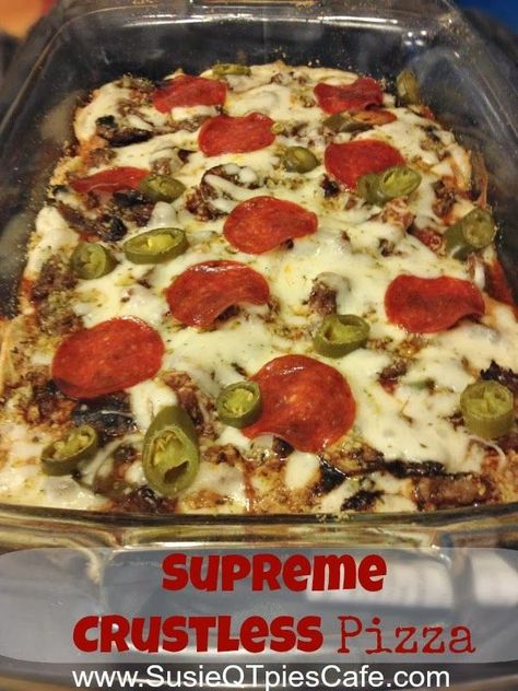 Supreme or any topping crustless pizza recipe - gluten free Gluten Free Pizza Casserole, Crustless Pizza, Pizza Casserole, Low Carb Diets, Low Carb Pizza, Gluten Free Pizza, Bariatric Recipes, Keto Recipes Dinner, Low Carb Dinner