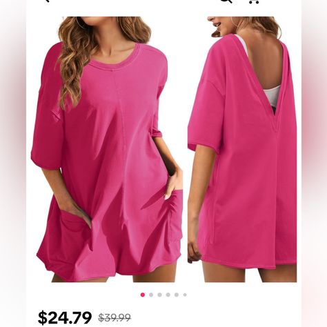 Hot Pink Romper With V Cut Out On The Back And 2 Pockets Size Large Ordered From Tiktok Shop Never Worn Ordered A Size To Big Loose Fit Jumpsuit, Evening Dresses Midi, Loose Romper, Summer Shift Dress, Backless Romper, Backless Jumpsuit, Shift Dresses, Casual Rompers, Hot Shots