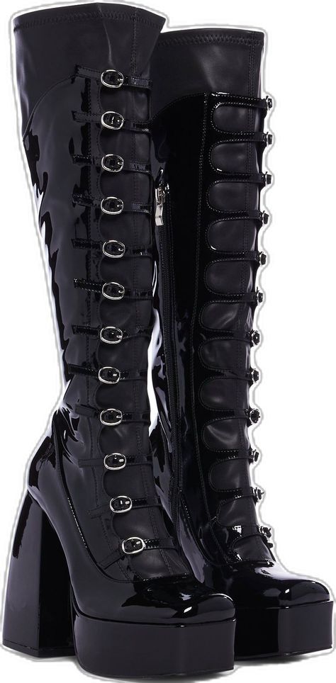 Dollskill Boots, Dolls Kill Boots, Cool Heels, Black Long Boots, Long Black Boots, Koi Footwear, Dolls Kill Shoes, Goth Shoes, Goth Boots