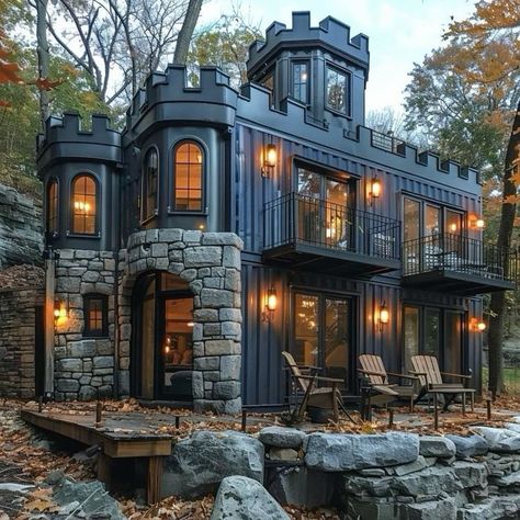 Castle Container House, Container Buildings Ideas, Tiny Castle House Plans, Castle Tiny House, Unique Tiny Homes, Container Homes Ideas Design, Small Castle House, Container House Design Ideas, Gothic Tiny House