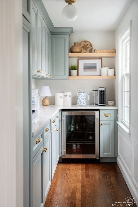 Looking for butler's pantry ideas? We took our old dining room and put up a wall and made this butler's pantry right off our kitchen. It stores all our extra appliances and looks pretty, too! Cozy Butlers Pantry, One Sided Butlers Pantry, Custom Butlers Pantry, Butler Pantry Bar, L Shape Butlers Pantry, Butler Pantry Mudroom Combo, Butlers Pantry With Oven, Mudroom Butlers Pantry Combo, L Shaped Butlers Pantry