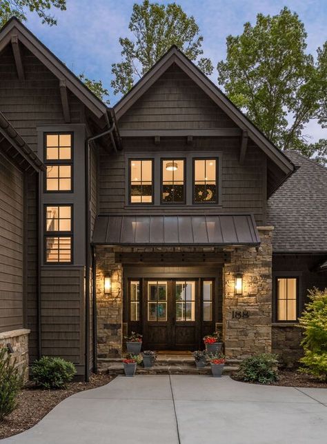 Dark Brown Exterior House Colors, Brown Trim House Exterior, Brown Exterior House Colors, Barn Exterior Ideas, Cabin Exterior Ideas, Dark Exterior House Colors, Dark Exterior House, Brown House Exterior, Mountain House Exterior