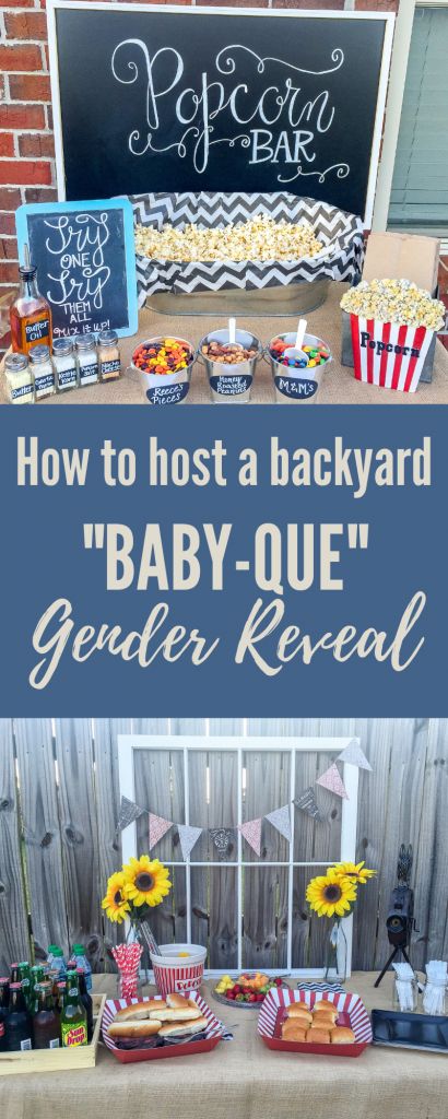 Backyard Baby-Que Gender Reveal Party. Vintage BBQ party. Popcorn bar. Popcorn Gender Reveal, Bbq Baby Gender Reveal Party, Bbq Gender Reveal Party Decorations, Gender Reveal Cookout Food, Gender Reveal Ideas For Party Theme Bbq, Bbq Gender Reveal Ideas For Party, Gender Reveal Ideas For Party Outdoors, Gender Reveal Ideas Summer Theme, Baby Que Gender Reveal