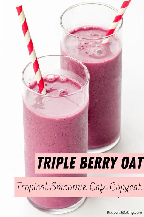 This copycat recipe for the Tropical Smoothie Cafe's Triple Berry Oat smoothie is very easy and tastes exactly like Tropical Smoothie. This recipe will show you how to make a Triple Berry Oat smoothie at home. Berry Oat Smoothie, Oats Smoothie Recipes, Triple Berry Smoothie, Berry Protein Smoothie, Tropical Smoothie Recipes, Easy Healthy Smoothie Recipes, Tropical Smoothie Cafe, Fruit Smoothie Recipes Healthy, Easy Healthy Smoothies