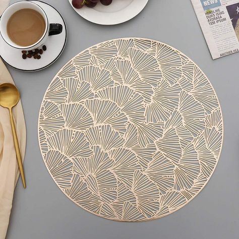 Hosoncovy 4 Pack Ginkgo Biloba Decorative Placemats Round Placemat PVC Placemats Hollow Table Place Mats Heat Resistant Non-slip Dining Placemats Leaf Placemat for Home Kitchen (Gold) : Amazon.co.uk: Home & Kitchen Gold Placemats, Steak Plates, Dining Mats, Round Placemats, Ginkgo Biloba, Table Pads, Table Ronde, Formal Dinner, Pvc Material