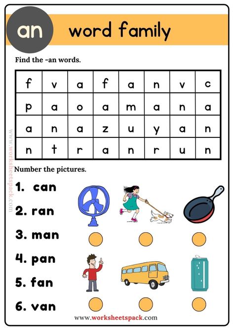 An Word Family - worksheetspack An Family Words Worksheets, At Family Words Worksheet, Family Words Worksheets For Kids, An Words, An Word Family, Tutoring Activities, Reading Preschool, Word Puzzles For Kids, Phonics Learning