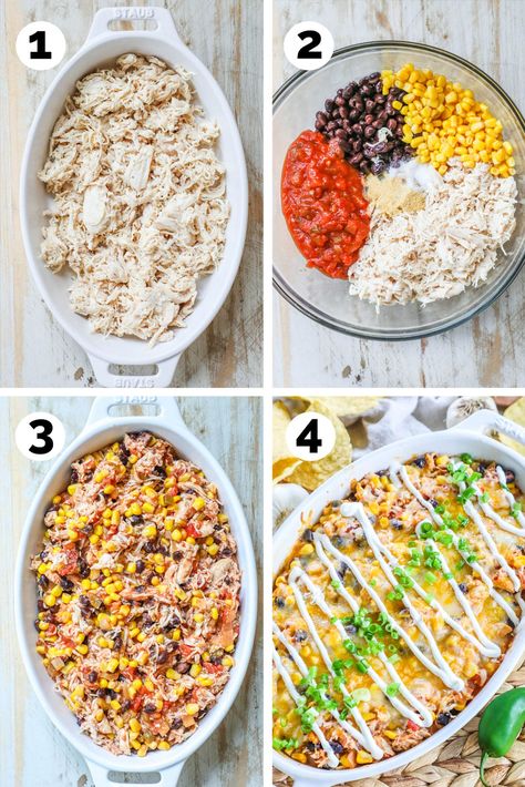 Kids FAVORITE Dinner! This Mexican Chicken Casserole has all of your favorite Mexican flavors in one easy to make dinner! Filled with shredded chicken, salsa, black beans, corn and cheese! This one dish recipe with only a few ingredients is sure to be a hit!! Shredded Chicken Wrap Recipes, Shredded Mexican Chicken, Shredded Chicken Casserole, Decadent Dinner, Corn And Cheese, Daycare Meals, Chicken Salsa, Mexican Chicken Casserole, Black Beans Corn