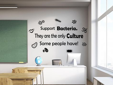 microbiology decal, microbiology, microbiology gift, scientist decal, biology wall decal, biology decorations, biology gift, science teacher Biology Decorations Ideas, Biology Decorations, Science Bedroom Decor, Microbiology Art, Science Bedroom, Microbiology Gifts, Biology Games, High School Bulletin Boards, College Bulletin Boards