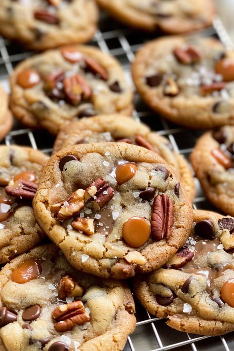 Salted Caramel Chips Recipes, Chewy Caramel Cookies, Carmel Chips Cookies, Salted Caramel Pecan Cookies, Chocolate Chip Caramel Walnut Cookies, Salted Caramel Apple Cookies, Pecan Caramel Cookies, Salted Caramel Pecan Chocolate Chip Cookies, Caramel Pecan Chocolate Chip Cookies