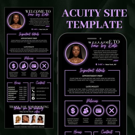 Neon Purple Hair Stylist Acuity Scheduling Template, Hair Stylist Booking Site, Hair Stylist Website, Hair Stylist Branding, Canva Template Lash Acuity Site, Hair Websites Design, Booking Policy Hairstylist, Booking Site Template, Hair Booking Site Design, Booking Site Design Ideas, Hairstylist Bio Examples, Neon Purple Hair, Acuity Templates