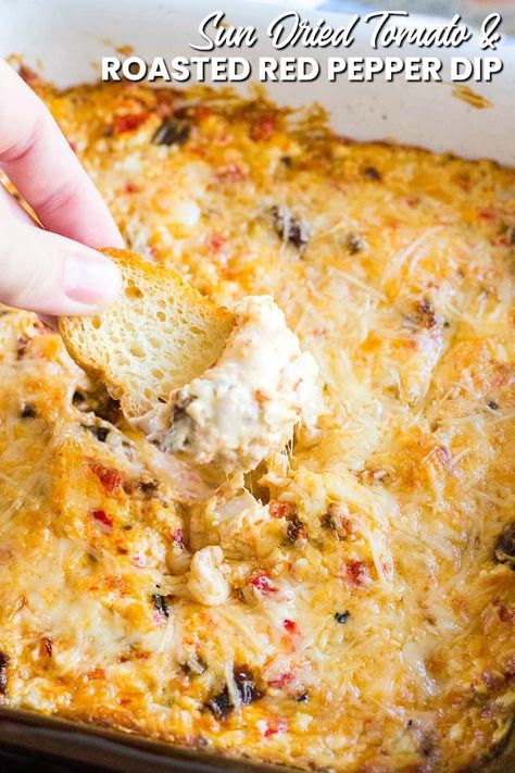 You’ll never need another dip recipe once you try this crazy good Sun-Dried Tomato & Roasted Red Pepper Dip! It's the hit of any party and so easy to make! #BreadBoozeBacon #appetizer #dip #gameday Roasted Red Peppers Recipes, Sundried Tomato Recipes, Sundried Tomato Dip, Tomato Roasted, Gameday Food, Red Pepper Recipes, Roasted Red Pepper Dip, Bread Booze Bacon, Red Pepper Dip