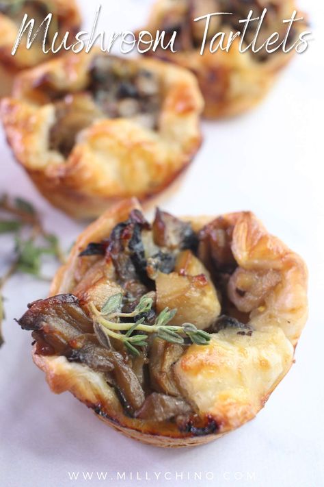 Mushroom Tartlets - Easy Puff Pastry Recipe - Milly Chino Creamy Mushroom Tartlets, Mushroom Pinwheels Puff Pastries, Mushroom Gruyere Puff Pastry, Mushroom Phyllo Cups, Mushroom Stuffed Puff Pastry, Mushroom Strudel Puff Pastry, Mushroom Puff Pastry Appetizers, Savory Choux Pastry, Mushroom Tarts Appetizer