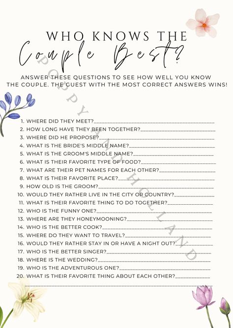 Make your wedding festivities unforgettable with our Who Knows the Couple the Best game! This instant download includes 1 bridal shower game titled "Who Knows the Couple Best". This bridal shower, bachelorette party, or wedding reception game is sure to entertain your guests and create lasting memories. This game is thoughtfully designed with beautiful graphics to complement any wedding theme. Best of all, this digital file is available for instant download, so you can print the games at your convenience. Download your pdf within minutes for fast, effortless setup and print out! How it works: Purchase the Bridal Shower Game. After completing your purchase, you will receive an email with a link to download your digital file. Download the file and print it at home, at a local print shop, or Who Is Most Likely To Questions Game Wedding, Wedding Olympics Games, Show Game Questions Wedding, Wedding Reception Trivia, Get To Know The Couple Shower Game, Engagemwnt Party Games, Who Knows The Couple Best Game, Wedsing Games, Bridal Shower Ideas Games