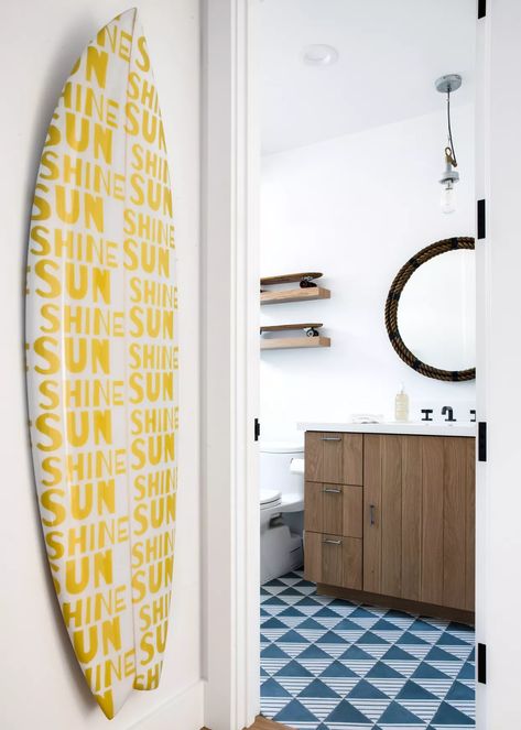 Yellow Surfboard, Raili Clasen, Midcentury Modern Bathroom, Teen Bathrooms, Coastal Color Palette, Painted Paneling Walls, Modern Lighting Design, Sunshine Yellow, Bathroom Floor Tiles