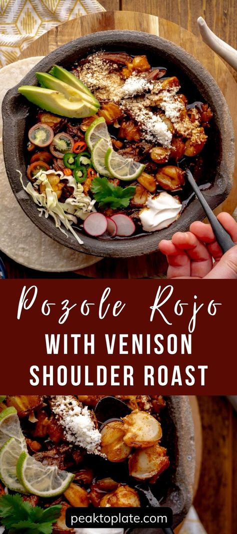 This pozole is a classic slow-cooked Mexican soup with deep, rich flavor from a variety of chiles and bone-in venison shoulder roast. Venison Shoulder Recipes, Venison Shoulder Roast, Roast Instant Pot, Blade Roast, Canned Hominy, Venison Steak, Ground Venison, Shoulder Roast, Mexican Soup