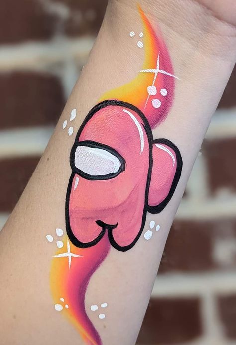 Fortnite Face Painting, Face Painting Among Us, Among Us Face Paint, Easy Face Painting Designs Simple, Cheek Face Paint, Arm Face Paint, Face Painting For Beginners, Cheek Painting, Minnie Mouse Face Painting