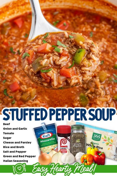 If you’re in the mood for a heartwarming, belly-filling meal, look no further than this stuffed pepper soup recipe. Tomatoes, bell peppers, and herbs give the soup tons of great flavors, while ground beef and rice make it hearty enough to be a meal on its own. Stuff Pepper Soup Recipe Stovetop, Stuffed Bell Pepper Soup, Bell Pepper Soup, Ground Beef And Rice, Homemade Soup Recipe, Stuffed Pepper, Pepper Soup, Crockpot Soup Recipes, Soup Recipes Slow Cooker