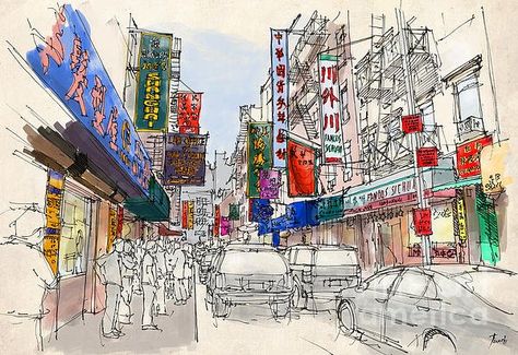 New artwork for sale! - "CHINATOWN Manhattan Sketch Colorful handmade drawing of New York" - https://t.co/tJF2pelm8y Drawing Of New York, Chinatown Manhattan, New York Drawing, Town Drawing, City Sketch, Man Cave Decor, Wall Print, Drawing Art, Figure Drawing