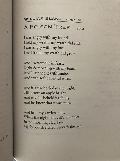 A Poison Tre by William Blake Poison Tree Poem, Poems About Anger, A Poison Tree, Poem Tattoo, Poem About Myself, Poems Deep, Tree Poem, Poison Tree, Rhyming Poems