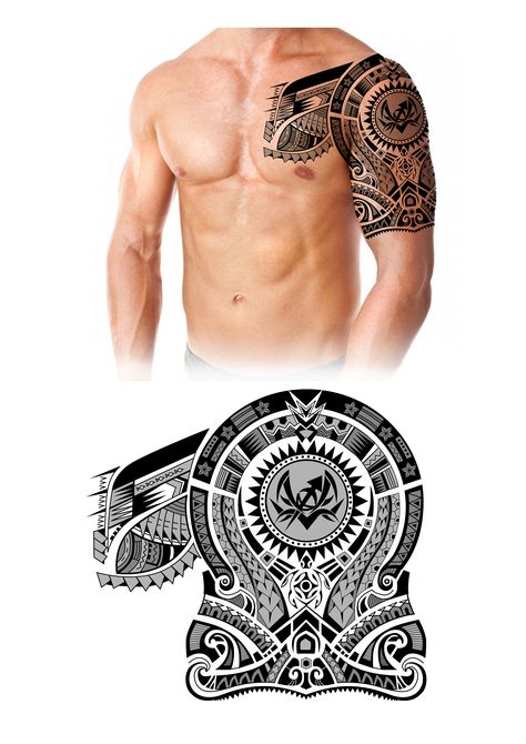 Polynesian Maori Half Sleeve Chest Tattoo Design. Designer: Andrija Protic Forarms Tattoo Designs, Tattoo Designs Men Arm, Tattoo Chest And Shoulder, Chest And Back Tattoo, Tato Maori, Polynesian Tattoos Women, Quarter Sleeve Tattoos, Piece Tattoo, Tattoo Chest