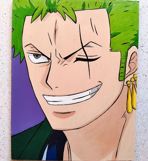 Zoro Painting Ideas, Zoro Painting Easy, Zoro Canvas Painting, Zoro One Piece Painting, One Piece Glass Painting, Luffy Drawings, One Piece Canvas Painting, Zoro Painting, Luffy Painting