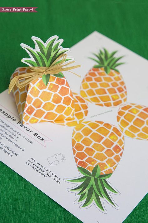 Fun Pineapple Party Decorations & Ideas - Birthday - Press Print Party! Pineapple Party Favors, Pineapple Favors, Luau Party Favors, Box Printable, Pineapple Theme, Hawaiian Party Theme, Luau Party Supplies, Pineapple Birthday, Pineapple Party