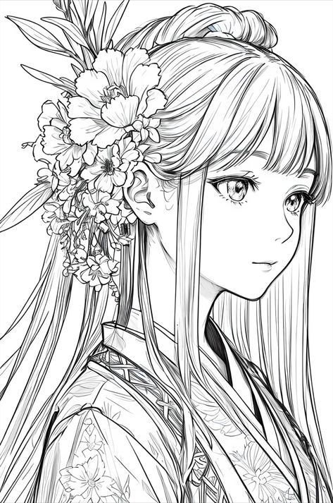 masterpiece, acura, 1girl, solo, hanfu, long hair, profile close-up, flower line drawing background, white background, monochrome, line drawing, ((sketch)) Anime Line Drawing, Free Coloring Pages For Kids, Manga Coloring Book, Whimsical Art Journal, Flower Line Drawings, Farm Animal Coloring Pages, Princess Coloring Pages, Unicorn Coloring Pages, Background White