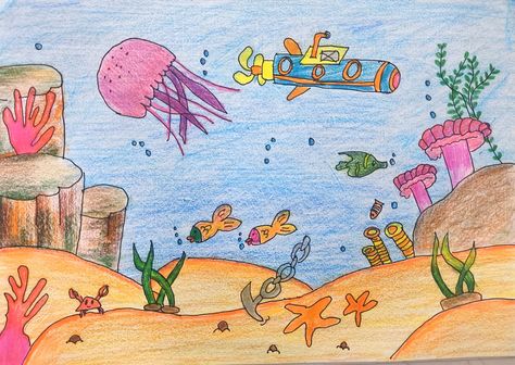 Contains Fishes 🐟🐟🐠🐠🐡🐡and plants🌱🪴☘🍀submarines moving Under Water World Drawing For Kids, Underwater Drawing Easy, Sea World Drawing, Under Sea Drawing, Under Water Drawing, Under The Sea Drawing, Under The Sea Drawings, Underwater Drawing, World Drawing