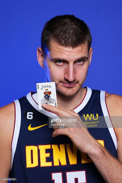 Nikola Jokic of the Denver Nuggets poses for a portrait during NBA... News Photo - Getty Images Basketball Painting Ideas, Nba Media Day, Basketball Pose, Basketball Painting, Nikola Jokic, Play Your Cards Right, Media Day, Joker Card, Becoming A Father