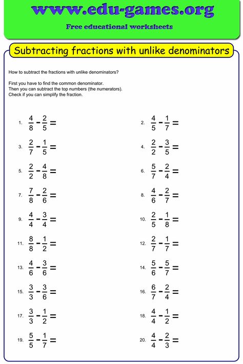 Subtraction Of Fractions Worksheet, Subtract Fractions Unlike Denominators, Fraction Subtraction Worksheet, Subtracting Fractions Unlike Denominator, Fractions Subtracting, Add Fractions With Unlike Denominators, Fraction Worksheet, Unlike Fractions, Fractions With Unlike Denominators