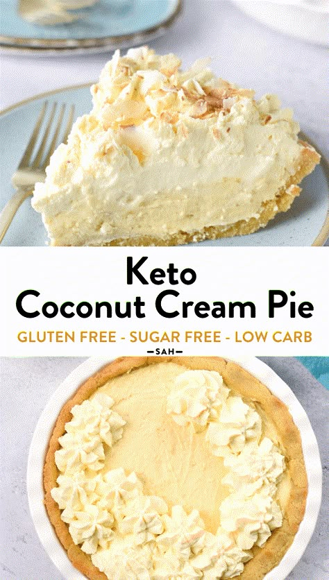 This Keto Coconut Cream Pie is an easy keto dessert recipe if you love coconut !  A buttery flaky crust filled with coconut custard and topped with whipped cream and toasted coconut for a comforting dessert any time of the year. Keto Coconut Cream Pie, Easy Keto Dessert, Keto Quiche, Low Carb Backen, Keto Chocolate Cake, Breakfast Low Carb, Postre Keto, Coconut Pie, Coconut Custard