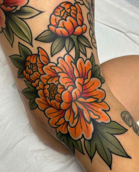 American Tradition Leg Tattoos, Tradition Chest Tattoo, Whimsical American Traditional Tattoo, Traditional Mexican Flower Tattoo, American Traditional Leg Tattoos Women, Marigold Traditional Tattoo, Thigh Tattoo American Traditional, Neo American Traditional Tattoo, Framed Traditional Tattoo