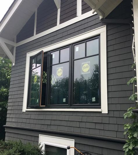 Outside Home Paint Colors, Painted Houses Exterior, Casement Windows Exterior, Black Windows Exterior, Exterior House Paint Color, Pella Windows, Seattle Homes, Black Windows, Exterior Remodel