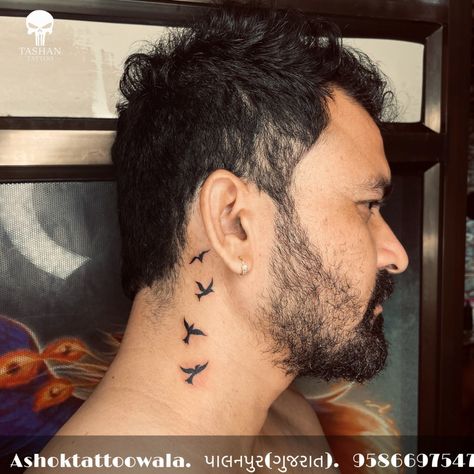 Under Ear Tattoo Men, Birds Tattoo On Neck, Birds Neck Tattoo, Bird Neck Tattoo, Neck Tattoo For Boys, Bird Tattoo Neck, Small Neck Tattoos, Behind Ear Tattoos, Inner Bicep Tattoo