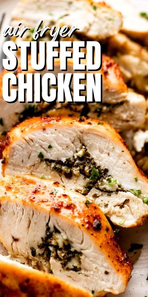 Air Fryer Stuffed Chicken Breast, Air Fryer Stuffed Chicken, Garlic Air Fryer, Pesto Chicken Breast, Pesto Dishes, Feta Stuffed Chicken Breast, Basil Pesto Chicken, Stuffed Chicken Breasts, Pesto Cheese