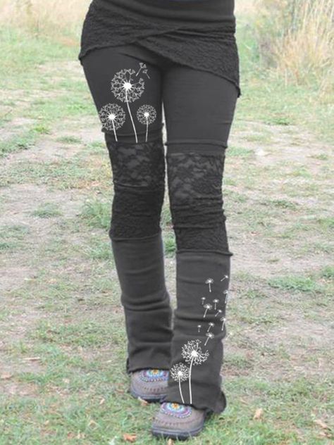 Bamboo Leggings, Dandelion Print, Elastic Leggings, Polyester Pants, Lace Patchwork, Lace Fashion, Look Cool, Slow Fashion, Diy Clothes