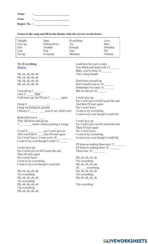 Fill In The Blank Songs Lyrics, Everything Lyrics, Try Everything, I Messed Up, Fill In The Blank, Junior High School, Take A Deep Breath, Songs Lyrics, Shakira