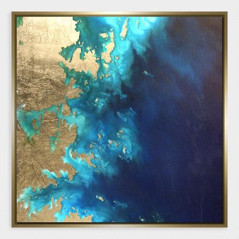 Sea Print, Land And Sea, Gold Leaf Art, Gold Water, Gold Leaf Painting, Tableau Art, Painted Leaves, Leaf Art, Framed Canvas Wall Art