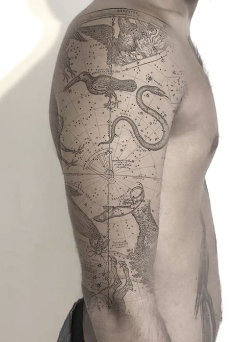 Constalation Sleeve Tattoo, Esoteric Tattoo Sleeve, Esoteric Tattoo, Astronomy Tattoo, Art Inspired Tattoos, Astrology Tattoo, Unusual Tattoo, Christ Tattoo, Full Arm Tattoos