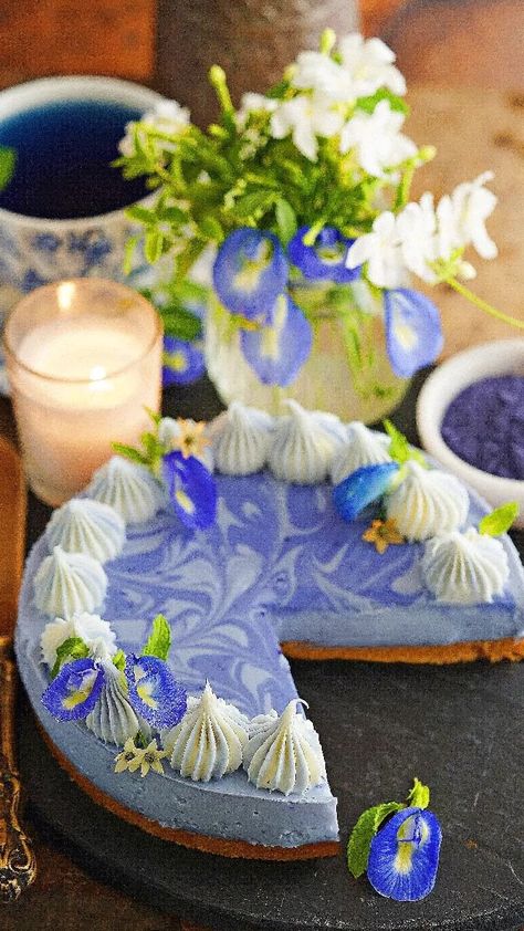 Deeba Rajpal (@passionateaboutbaking) • Instagram photos and videos Dried Butterfly, Butterfly Pea Flowers, Blue Matcha, Peaceful Blue, Matcha Cheesecake, Swirl Cheesecake, Eggless Desserts, Vegetarian Desserts, Eggless Cake