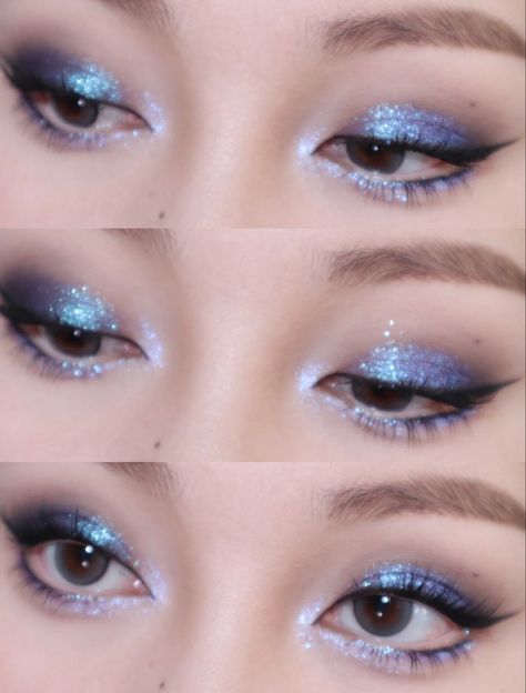 Blue Monolid Makeup, Asian Blue Eye Makeup, Blue Eye Makeup Monolid, Blue Makeup Looks Asian, Blue Makeup Prom Looks, Blue Eyeshadow Asian Eyes, Indigo Makeup Looks, 2000s Makeup Blue Eyeshadow, Shiny Blue Makeup