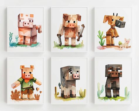 Minecraft Poster Set with Watercolor Art for Boys Room Decor Minecraft Watercolor, Cute Watercolor Art, Minecraft Poster, Minecraft Painting, Character Watercolor, Art For Boys Room, Skins Characters, Inspirational Digital Art, Minecraft Room