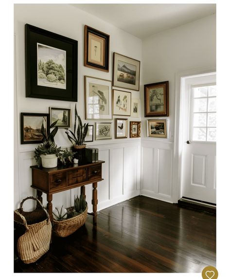 Ideas For The House Decorating, Small Entryway Landing, Modern Home With Antique Touches, Small Landing Space Ideas Upstairs, Entry Way Ideas Boho, Small Outside Entryway Ideas, Long Wall Entryway, Pictures On Small Wall, Hallway Decor Inspiration