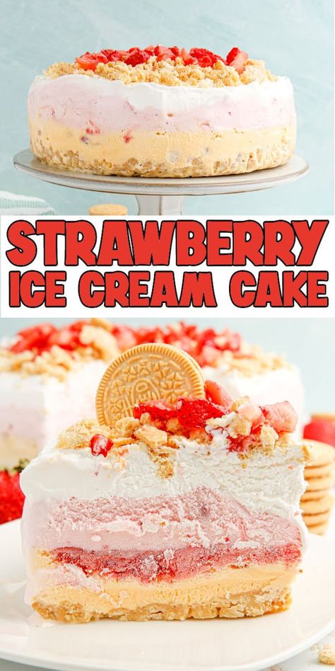 Vanilla Oreo Ice Cream Cake, Diy Strawberry Birthday Cake, Red White And Blue Ice Cream Cake, Vanilla Ice Cream Cake Birthdays, Strawberry Ice Cream Cake Birthdays, Easy Ice Cream Cake Birthday, Strawberry Oreo Ice Cream, Strawberry Vanilla Ice Cream Cake, Ice Cream Cake Recipes Easy