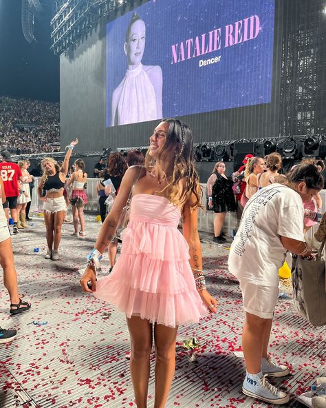 Eras Tour ⚡️ @iamjuliahawkins wears our Birthday Girl Pink Mini Party Dress⁠ Pink Ruffle Mini Dress, Yellow Party Dresses, Lover Outfit, White Strappy Heels, Lover Dress, Yellow Party, Taylor Swift Tour Outfits, Lover Era, Mini Party Dress