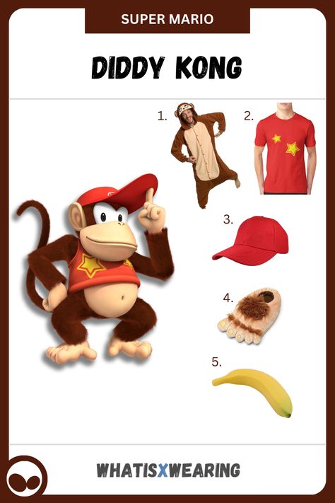 Dress like Diddy Kong and collect those precious bananas with our step-by-step outfit guide. Diddy Kong Costume, Donkey Kong Costume, Mario Bros Costume, Super Mario Costumes, Nintendo Logo, Mario Costume, Diddy Kong, Costume Guide, Donkey Kong Country