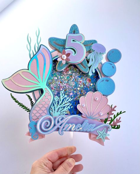 Mermaid Shaker Cake Topper, Handmade Cake Toppers Birthday, Light Up Cake, Decoration Ideas Party, Up Cake Topper, Layered Cake Topper, Little Mermaid Cake Topper, Birthday Party Decoration Ideas, Mermaid Light