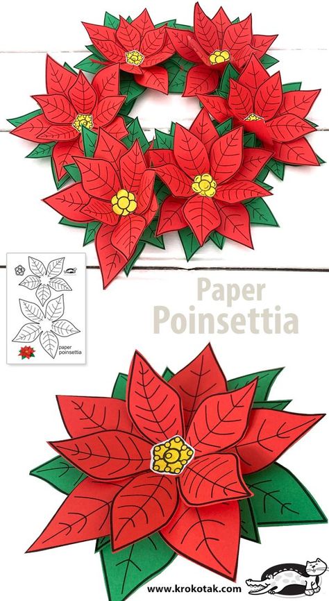 Paper Poinsettia Wreath Out Of Paper, Christmas Flower Crafts For Kids, Christmas Paper Crafts Printable, Poinsettia Art Projects For Kids, Pointsetta Craft, Christmas Craft For Children, Winter Paper Crafts For Kids, Poinsettia Crafts For Kids, Paper Christmas Crafts For Kids